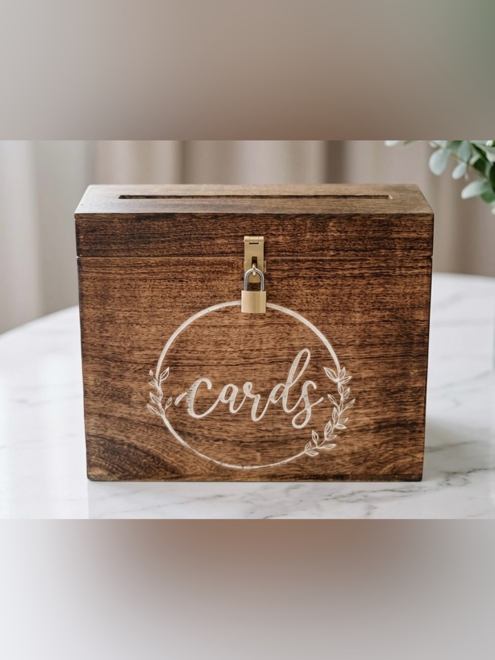 Rustic Dark Walnut Wooden Card Box with Lock and Key – Wedding & Event Decor